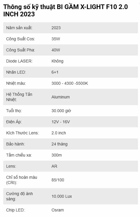 BI GẦM X-LIGHT F10 2.0 INCH 2023