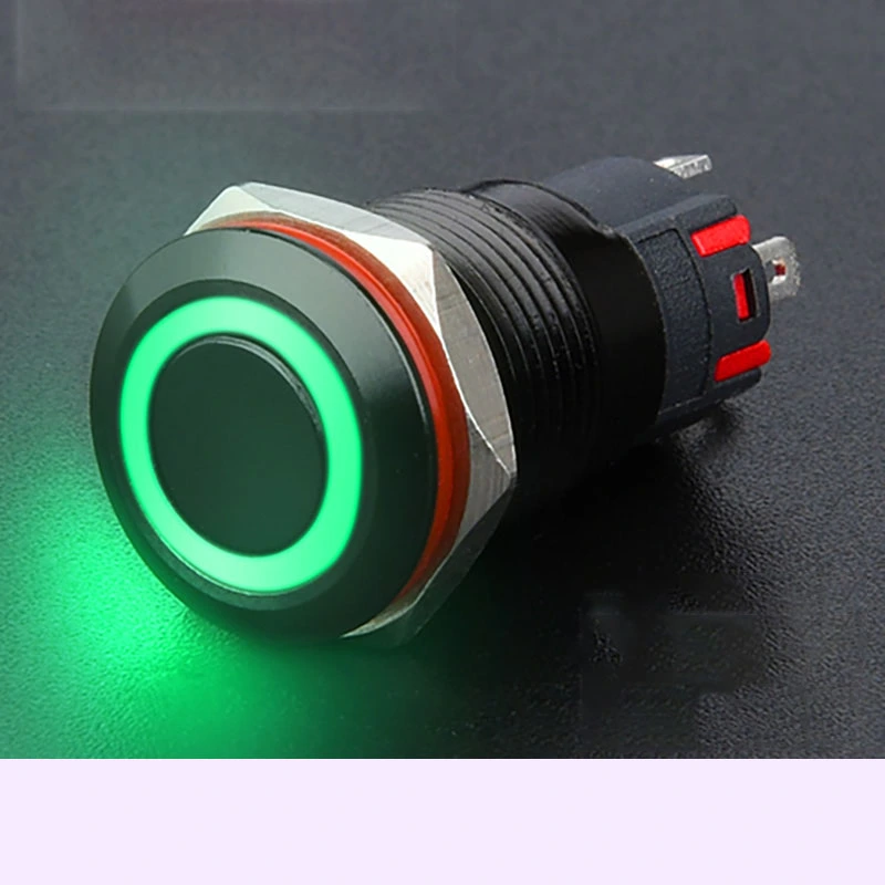Công tắc 12mm vỏ đen LED tròn chân hàn dây nhấn nhả
