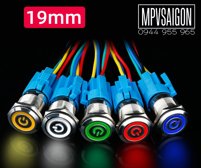 Công tắc kim loại LED 19mm hình nguồn 12V 24VNhấn khóa/ Trắng