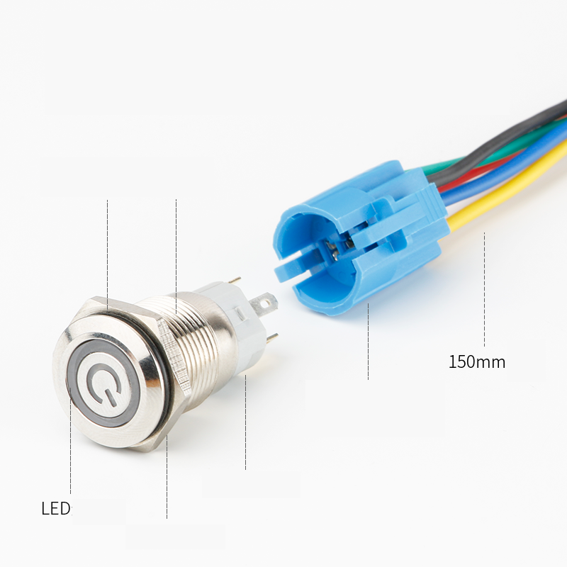 Công tắc kim loại LED 16mm hình nguồn Nhấn nhả