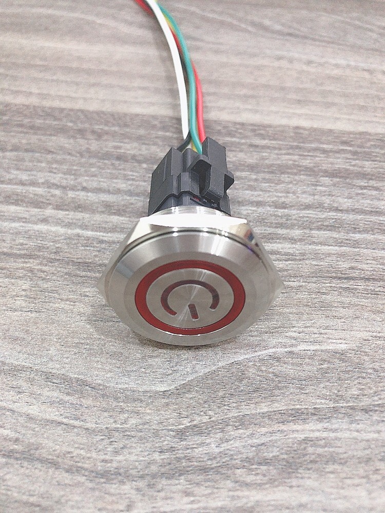 Công tắc kim loại LED 30mm hình nguồn nhấn khóa 12V 24V có giắc cắm- Xanh dương