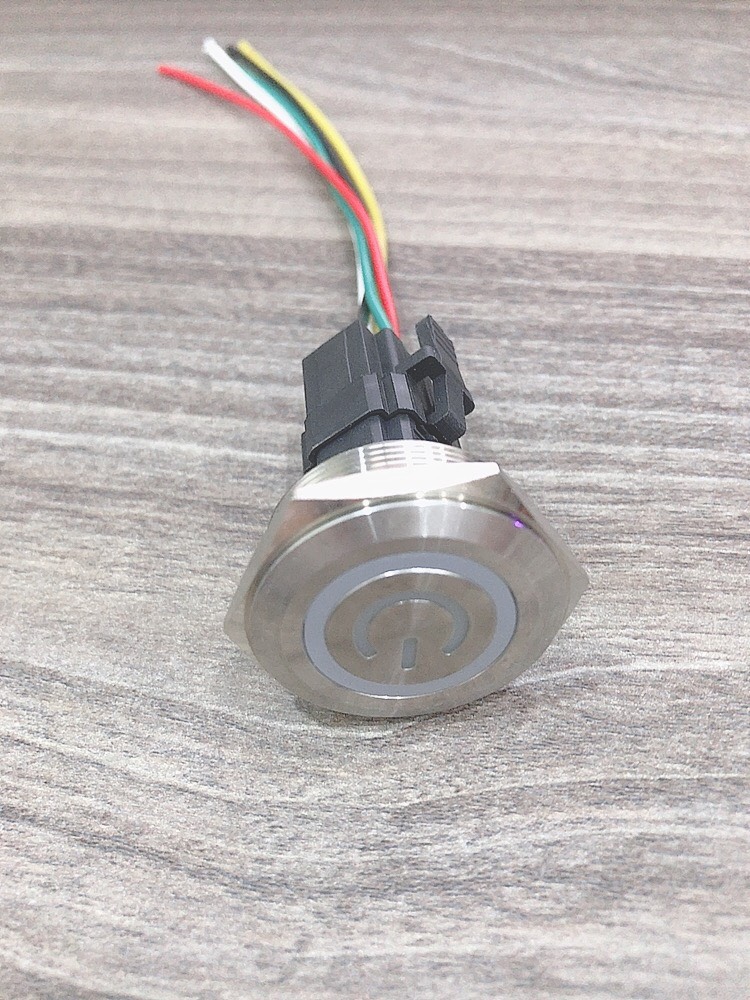 Công tắc kim loại LED 30mm hình nguồn nhấn khóa 12V 24V có giắc cắm- Xanh dương