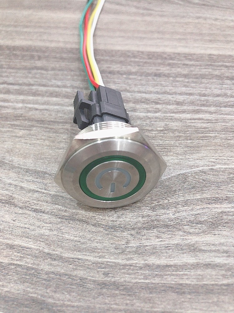 Công tắc kim loại LED 30mm hình nguồn nhấn khóa 12V 24V có giắc cắm- Xanh dương