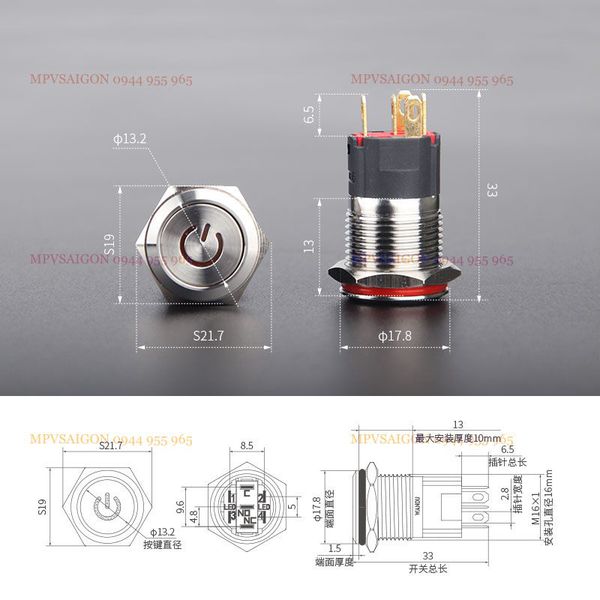 Công tắc kim loại 19mm LED nguồn 12V~24V
