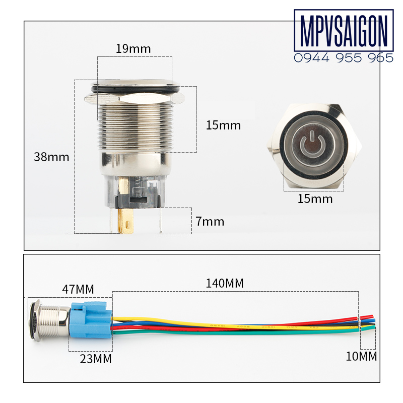 Công tắc kim loại LED 19mm hình nguồn 12V 24V Nhấn nhả