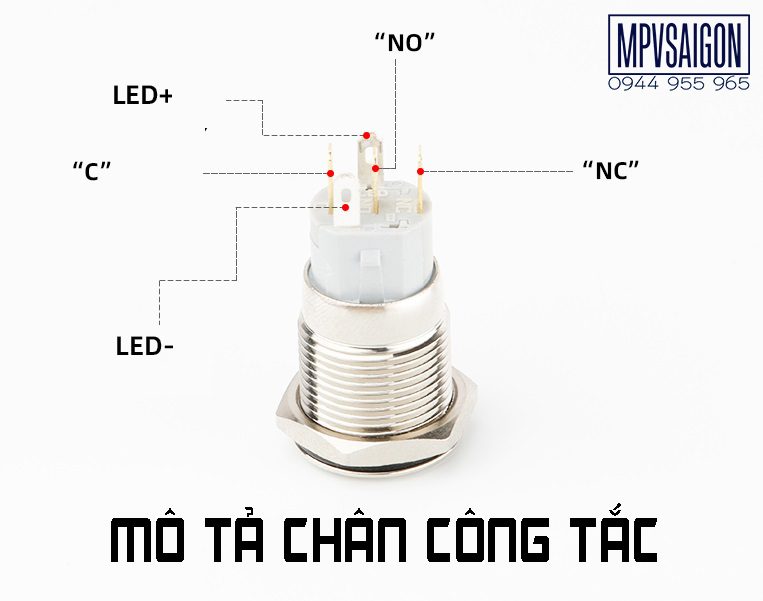 Công tắc kim loại LED 16mm hình nguồn Nhấn khóa