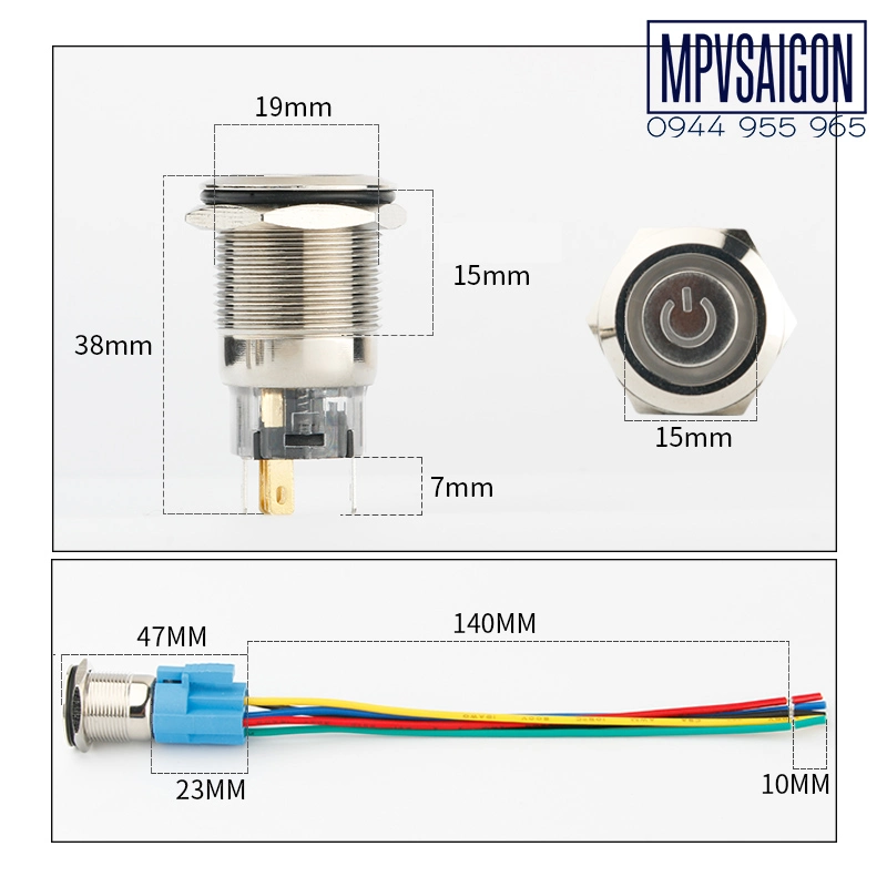 Công tắc kim loại LED 19mm hình nguồn 12V 24VNhấn khóa/ Trắng