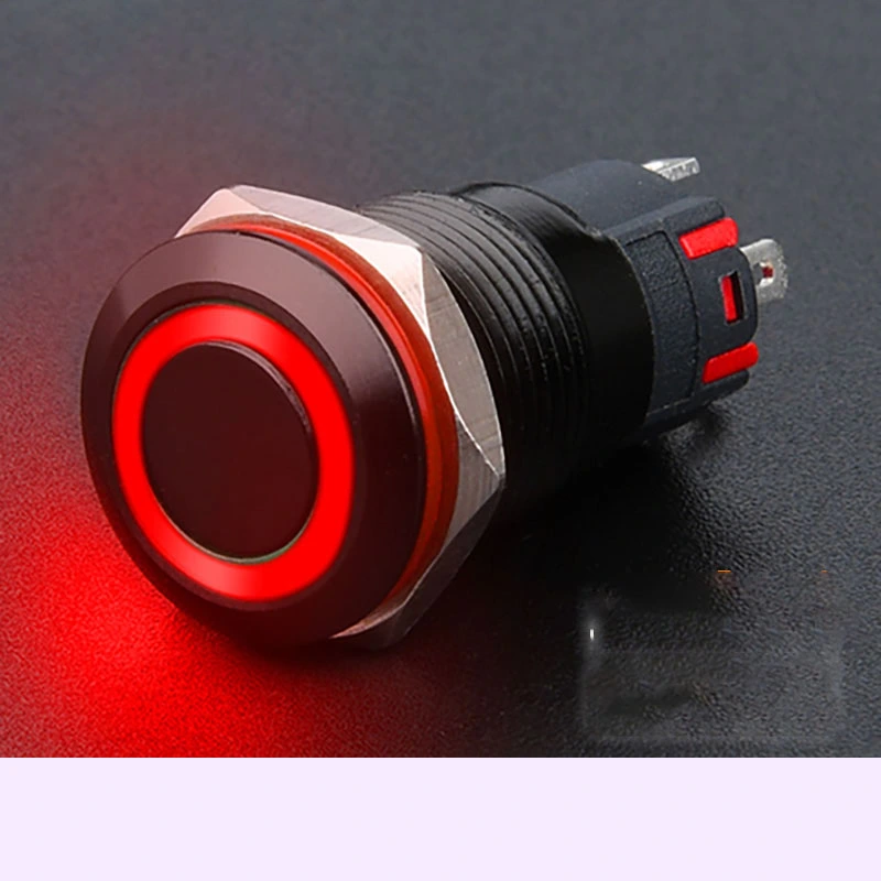 Công tắc 12mm vỏ đen LED tròn chân hàn dây nhấn nhả