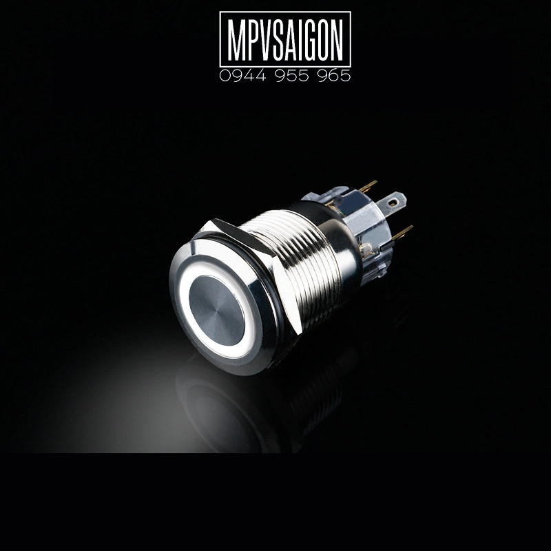 Công tắc LED tròn 19mm kim loại 12V Có giắc, Nhấn nhả/ Trắng