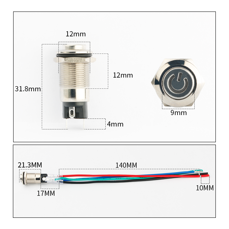 Công tắc 12mm kim loại đầu bằng (chân giắc ghim)