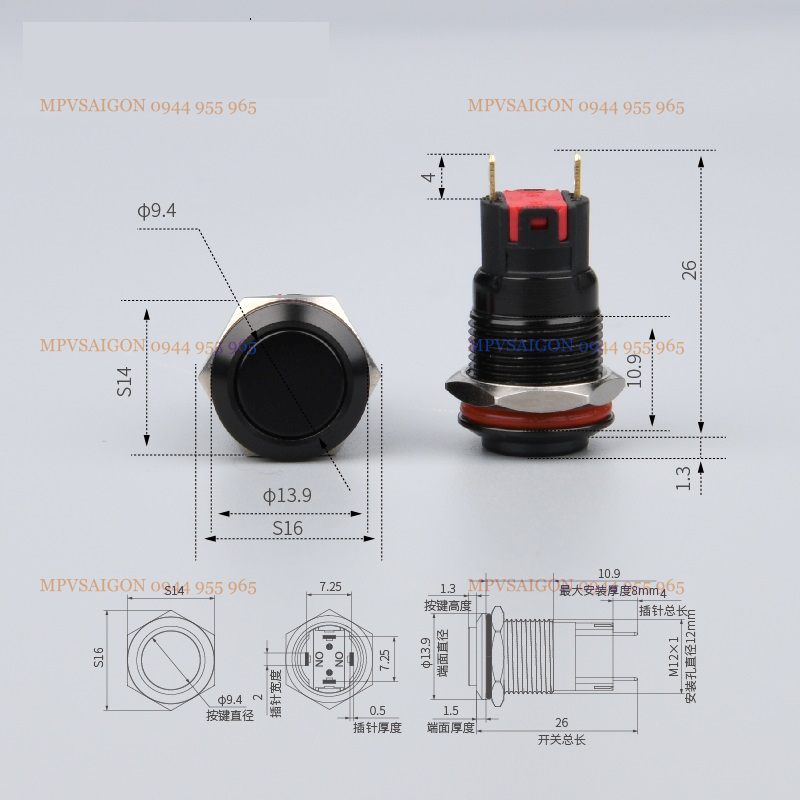 Công tắc LED kim loại chân hàn 12mm nhấn nhả, nhấn khoá 12V 24V