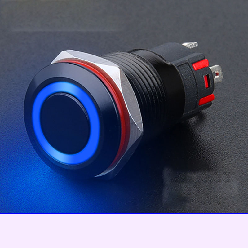 Công tắc kim loại LED 16mm vỏ đen LED hình nguồn 12V 24V Nhấn nhả