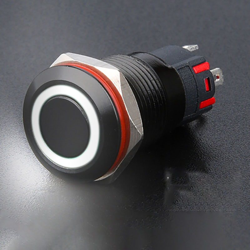 Công tắc kim loại LED 16mm vỏ đen LED hình nguồn 12V 24V Nhấn nhả
