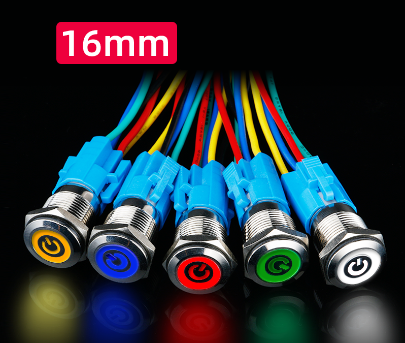 Công tắc kim loại LED 16mm hình nguồn Nhấn khóa