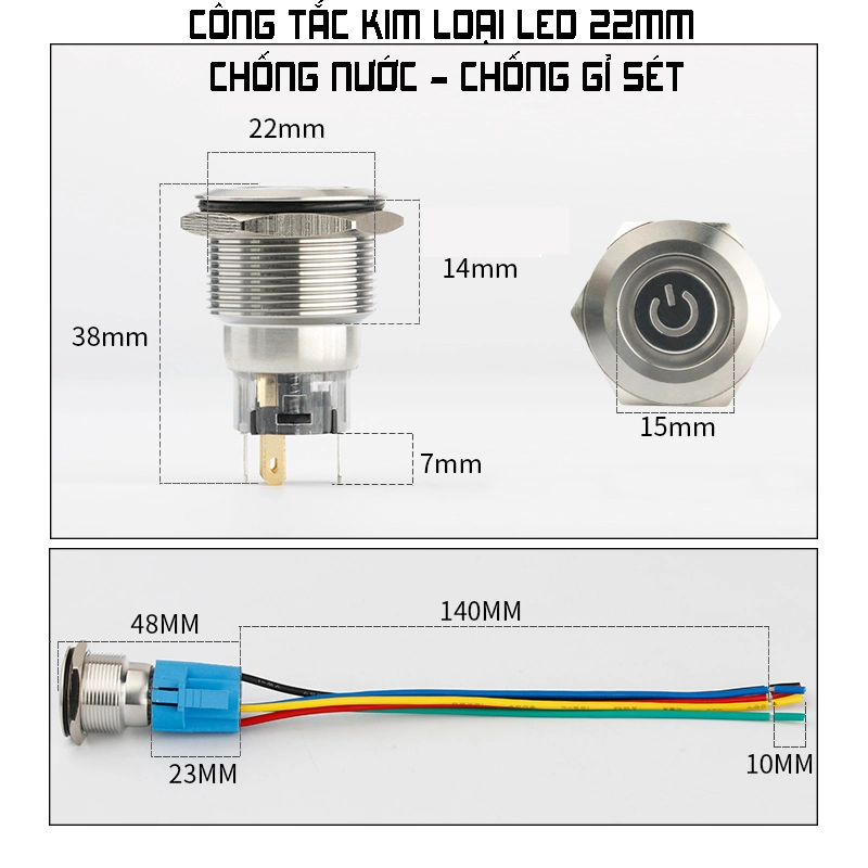 Công tắc kim loại 22mm LED nguồn 12V 24V Nhấn khóa/ Lock