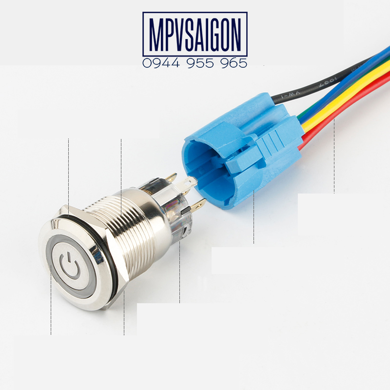 Công tắc kim loại LED 19mm hình nguồn 12V 24V Nhấn nhả