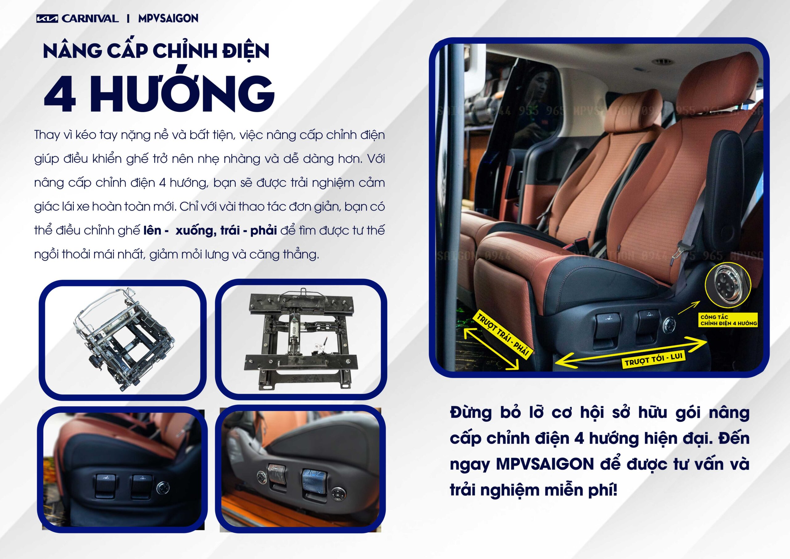 Nâng cấp chỉnh điện- trượt điện 4 hướng ghế Carnival 2025