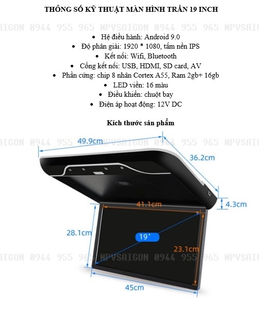 TV Màn hình android gập trần ốp trần xe 19 inch: báo giá mới nhất
