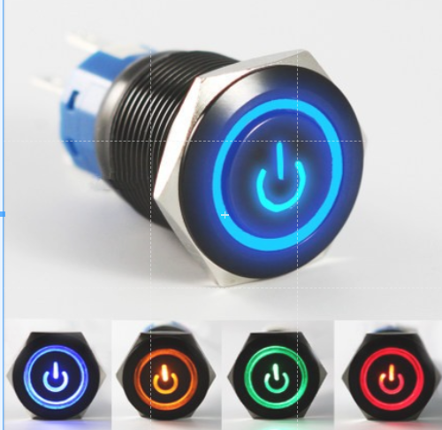 Công tắc kim loại LED 16mm vỏ đen LED hình nguồn 12V 24V Nhấn khóa